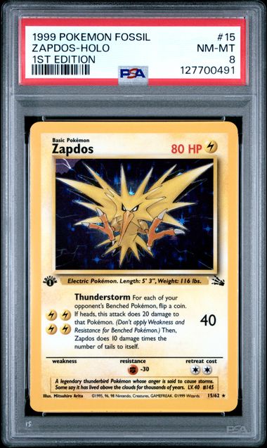 1999 POKEMON FOSSIL #15 ZAPDOS-HOLO 1ST EDITION PSA 8  - 491