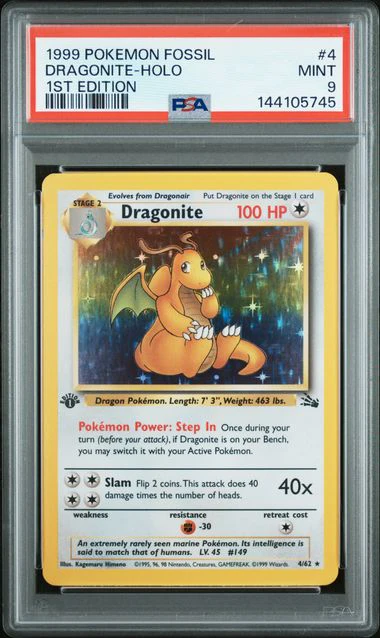 1999 POKEMON FOSSIL #4 DRAGONITE-HOLO 1ST EDITION PSA 9 - 745
