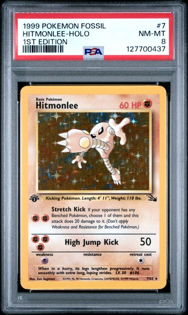 1999 POKEMON FOSSIL #7 HITMONLEE-HOLO 1ST EDITION PSA 8 - 437