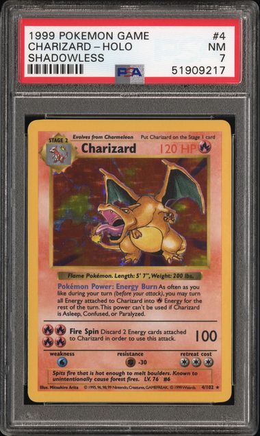 1999 POKEMON GAME CHARIZARD - HOLO SHADOWLESS #4 PSA 7 - 217