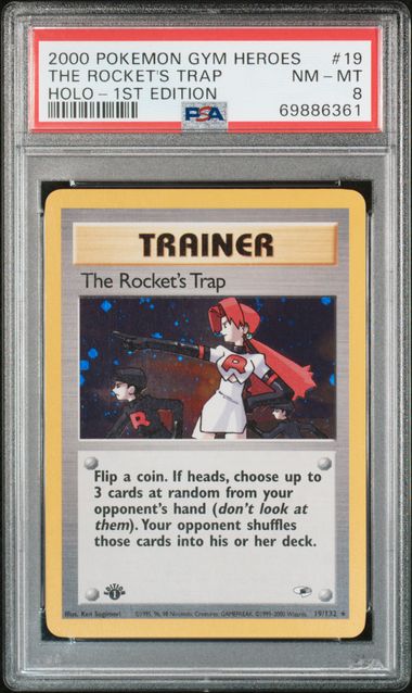 2000 POKEMON GYM HEROES #19 THE ROCKET'S TRAP HOLO-1ST EDITION PSA 8 - 361