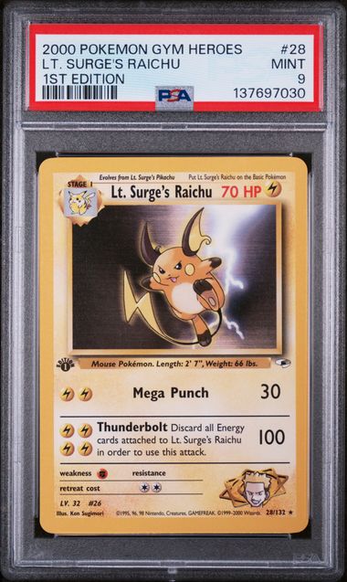 2000 POKEMON GYM HEROES #28 LT. SURGE'S RAICHU 1ST EDITION PSA 9 - 030