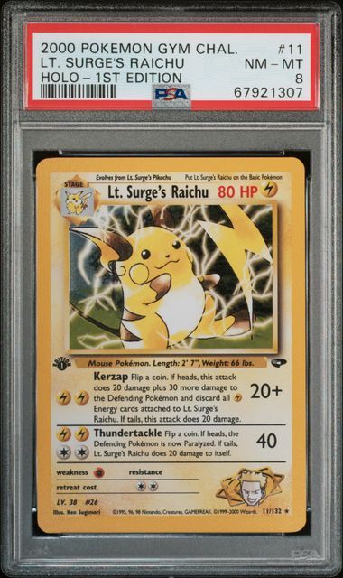 2000 POKEMON GYM CHALLENGE #11 LT. SURGE'S RAICHU HOLO-1ST EDITION PSA 8 - 307