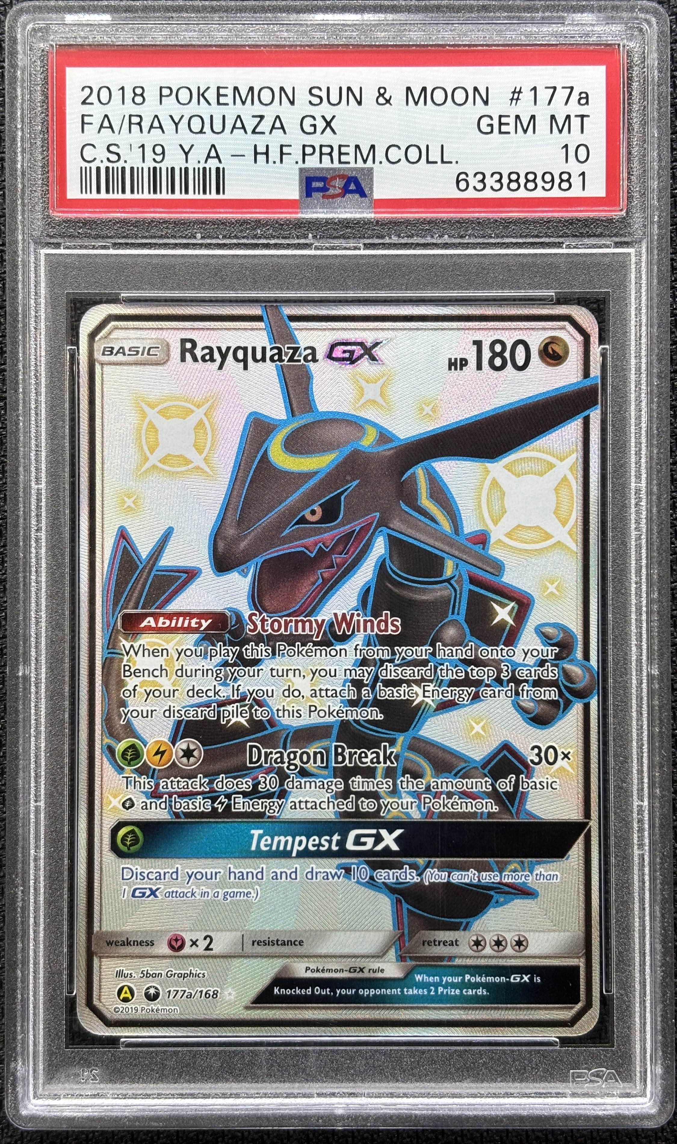 2018 POKEMON SUN & MOON FULL ART/RAYQUAZA GX G.S.'19 Y.A. - HIDDEN FATES PREMIUM COLLECTION #177A PSA 10 - 981