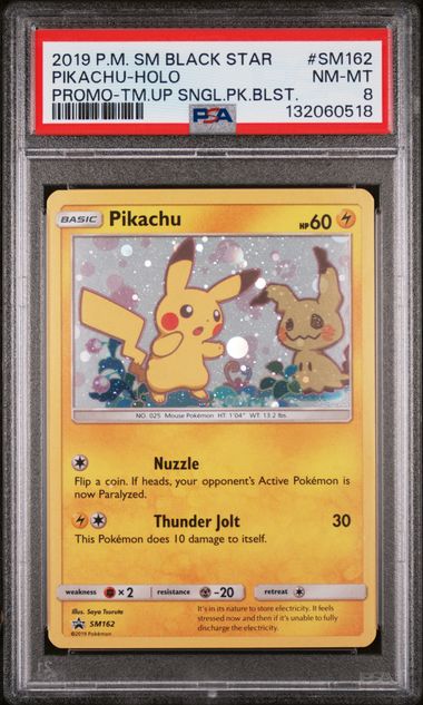 2019 POKEMON SM BLACK STAR PROMO #SM162 PIKACHU-HOLO PROMO-TM.UP SNGL.PK.BLST. PSA 8 - 518