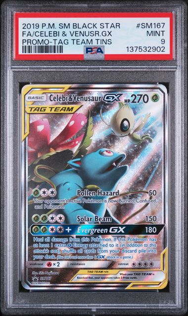 2019 POKEMON SM BLACK STAR PROMO #SM167 FA/CELEBI & VENUSR.GX PROMO-TAG TEAM TINS PSA 9 - 902