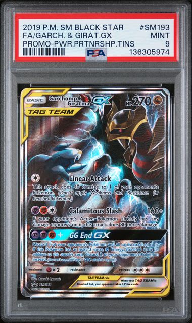 2019 POKEMON SM BLACK STAR PROMO #SM193 FA/GARCHOMP & GIRATINA.GX PROMO-PWR.PRTNRSHP.TINS PSA 9 - 974