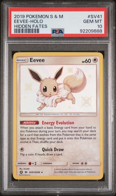 2019 POKEMON SUN & MOON HIDDEN FATES #SV41 EEVEE-HOLO HIDDEN FATES PSA 10 - 888