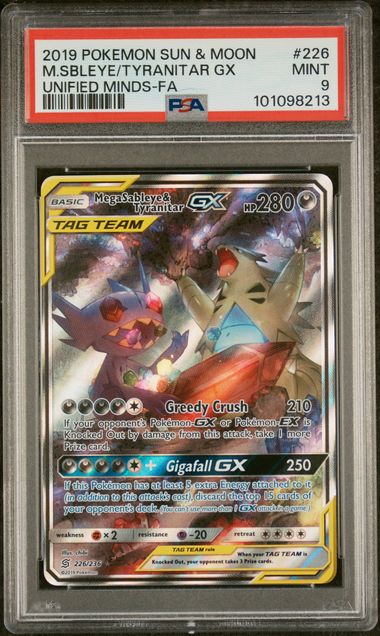 2019 POKEMON SUN & MOON MEGA SABLEYE & TYRANITAR GX UNIFIED MINDS - FULL ART #226 PSA 9 - 213
