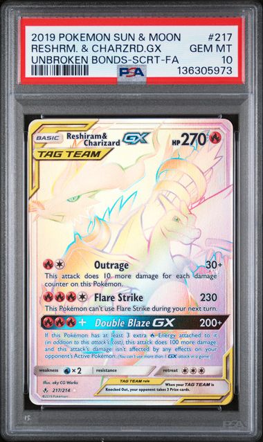2019 POKEMON SUN & MOON UNBROKEN BONDS #217 RESHIRAM & CHARIZARD GX UNBROKEN BONDS-SCRT-FA PSA 10 - 973