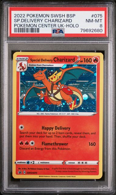 2022 POKEMON SWSH BSP SPECIAL DELIVERY CHARIZARD POKEMON CENTER UK-HOLO #075 PSA 8 - 680