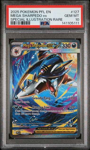 2025 POKEMON PFL EN-PHANTASMAL FLAMES #127 MEGA SHARPEDO ex SPECIAL ILLUSTRATION RARE PSA 10 - 111